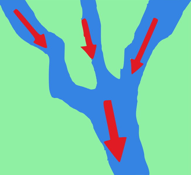 A map tile showing the confluence point of three rivers with arrows indicating flow direction